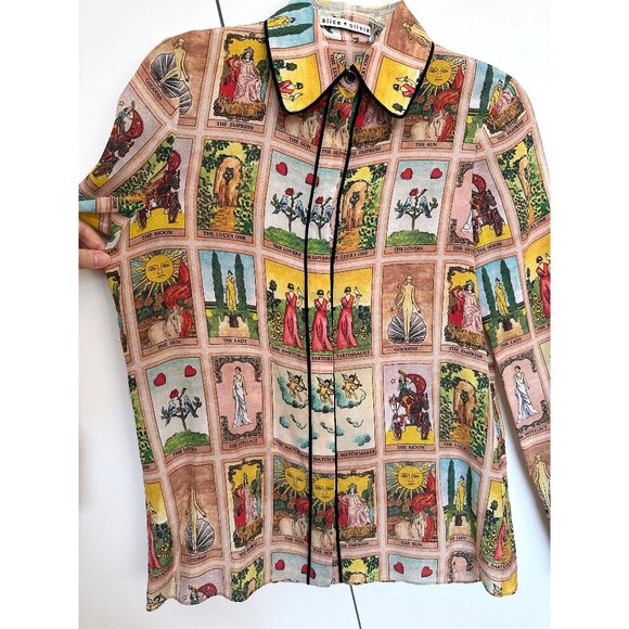 Alice + Olivia Tarot Card Alfie Silk Blouse Collared Top Mystical Print Shirt XS - Picture 6 of 14